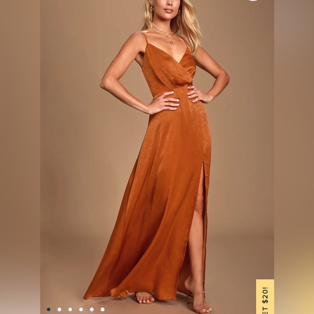 Lulus Constantine Rust Orange Satin Maxi Dress